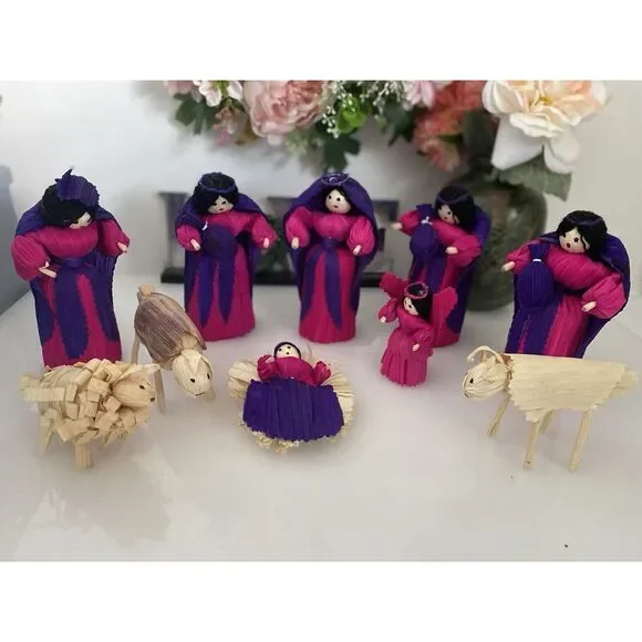 10 Piece Handmade Vtg Christmas Nativity Set Corn Husk 5" Dolls Roatan Honduras - Picture 15 of 16